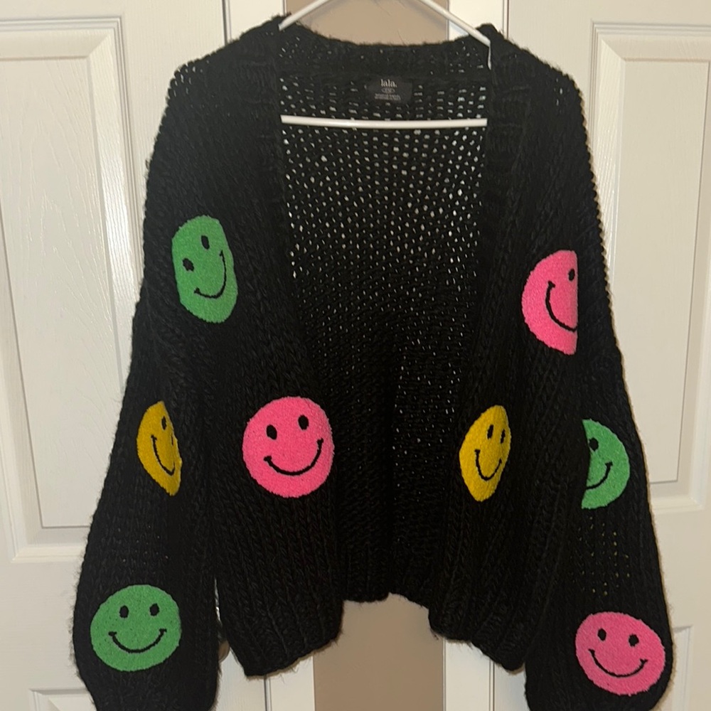 Dressed in LALA Black and Pink Cardigan with Smiley Face Design
